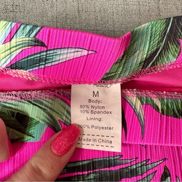 Tropical Leaf Print Ribbed Cheeky Bikini Set Hot Pink Green Medium - Picture 11 of 12